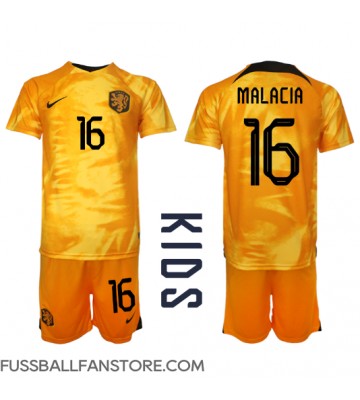 Niederlande Tyrell Malacia #16 Replik Heimtrikot Kinder WM 2022 Kurzarm (+ Kurze Hosen)